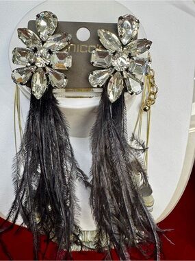 Chico's Black Feather Tassel Earrings with Crystal Floral Studs